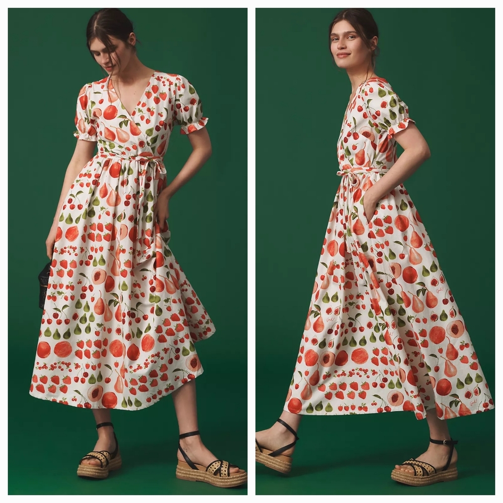 Lisa Says Gah Topanga Puff Sleeve Midi Dress in Fruit Print size S NWT - Picture 3 of 10